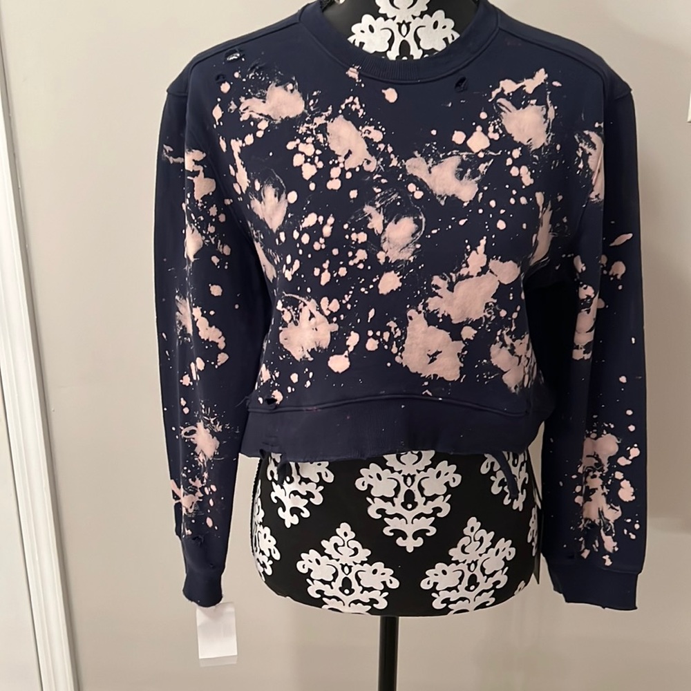 Blank NYC Women Pullover Sweatshirt Sz S Tie Dye Crop Top Distressed Blue